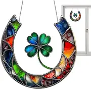 Horseshoe Acrylic Ornament | Acryliic Horseshoe and Clover | Flat Art Pendant Hanging Sunlight Catching for Window Decor 9 x 8.6 Inch Yard and Garden Ornamentt