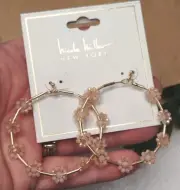New NICOLE MILLER Gold Tone Faceted Beaded Pink Flower Hoop 2" Earrings!
