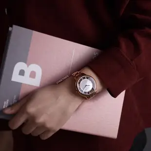Relax Time 晨曦之光系列 玫瑰金框 白色貝殼面 立體鏤空刻度 不鏽鋼錶帶 腕錶 手錶 女錶(RT-82-1)