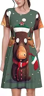 [SDEGTHO] Funny Christmas Moose Head Women's Casual Tshirt Short Sleeve Sundress for Party, Outdoor Gatherings with Pockets