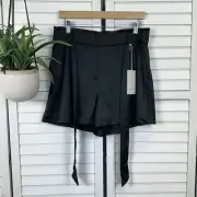 New Joie Black Satin Short Elastic Waist Pull On Tie Front Belt Size 10