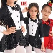 Kids Girls Shiny Sequins Tuxedo Leotard Dress Modern Dance Latin Jazz Costumes