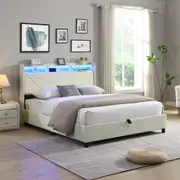 HOMFURN Double Queen King SIze Gas Lift Bed Frame with LED Lights and Charging Station, Modern Upholstery Bed Storage Headboard, Beige