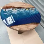 Blue River Themed Coffee Table Top Handmade Round Wood Hallway Center Table Deco