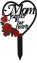 Mom Grave Decorations for Cemetery, Metal Grave Site Decor, Heart Shaped Grave Markers for Cemetery, Memorial Plaque Stake with Rose Design, Gravesite Decorations for Outdoors (Mom)