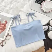 Heart Embroidered Cropped Camisole Blue - One Size