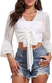 [ZAFUL] Women's Tie Front Shrug 3/4 Sleeve Casual Lace Cardigan V Neck Summer Lightweight Crop Cover Up Tops