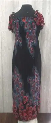 NWT Red & Black Peacock Feather Gathered Bust Maxi Dress Stretch Sundress M #23