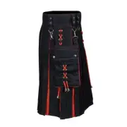Scottish Handmade Hybrid Utility Kilt Men's Fashion Black & Red cotton Kilt