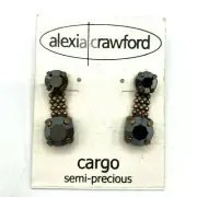 Vtg Alexia Crawford Copper Tone Black Onyx Pierced Dangle Earrings 3/4" Long