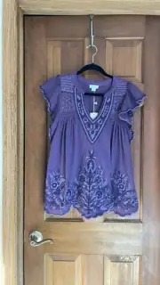 SUNDANCE Catalog Purple Embroidered “Felicity Flutter Top” Size Small NWT
