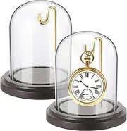 2 Pcs Pocket Watch Display Case with Hooks 3" x 4" Watch Ornament Glass Display Glass Dome Cloche with Wood Base Decorative Glass Display Dome Cloche for Watch Medals Jewelry Collectibles(Gold Hook)