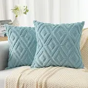 CJWLKJ 2Pcs Soft Faux Fur Throw Pillow Covers 18x18 - Plush Short Wool Velvet Decorative Pillow Covers - Couch Sofa Pillow Covers for Living Room - with 3D Diamond Pattern (Light Blue)