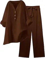 [Gaexia] Plus Size Two Piece Outfits for Women Long Sleeve Button Down Shirts and Drawstring Wide Leg Pants Loose Lounge Set