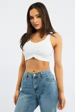 White Bralette Top Sleeveless V-neck Ruched - Size 6XXS, Women's Bralette