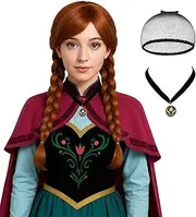 Brown Braided Wig for Women + Necklace Long Auburn Brown Princess Wig Accessories with Cap for Halloween Costume Party Cosplay