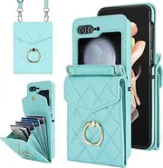 XIMAND for Samsung Galaxy Z Flip 5 Wallet Phone Case with Ring and Adjustable Crossbody Strap, Stylish and Muti-funtional Accordion Style Flip Case with 4 Card Slots .（Green）