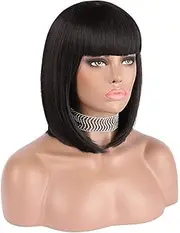 eNilecor Short Black Bob Wigs, 12" Straight with Flat Bangs Synthetic Colorful Cosplay Daily Party Wig for Women Natural As Real Hair+ Free Wig Cap (Black)