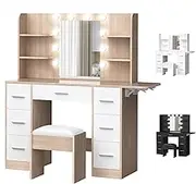 ALFORDSON Vanity Dressing Table Set with LED Mirror, Storage Shelves, Drawers and Stool, Makeup Desk with Extendable Countertop, 132cm, Wood White Color