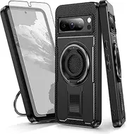 [Asuwish] Phone Case for Google Pixel 8 Pro 5G with Tempered Glass Screen Protector Cover and Ring Holder Shockproof Protective Kickstand Mobile Cell Pixel8Pro Pixel8 XL Eight 8Pro Women Men Black