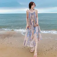 在飛比找蝦皮商城精選優惠-度假雪紡洋裝吊帶裙夏季海邊泰國寬鬆三亞沙灘藍色2023