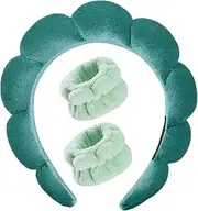 Luckybear Spa Headband for Washing Face, Velvet Makeup Headband, Bubble Skincare Head bands with Face Wash Wristbands Sponge Puff Head band for Women Skin Care - Green