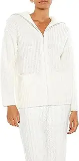 [Forever 21] Women's Ribbed Knit Zip-Up Sweater White, White, X-Large