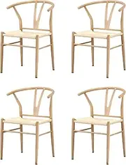[OIKITURE] Wooden Dining Chairs Set of 4 Kitchen Wegnar Chairs for Home Cafe Metal Hans Lounge Chair Beige