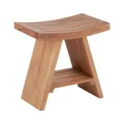 Nordic Teak Natural Teak Wood Shower and Bath Stool with Curved Seat and Shelf