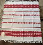 Vtg Hevesi Nepmuveszeti White & Red Woven Hungary Square Tablecloth w Fringe NEW