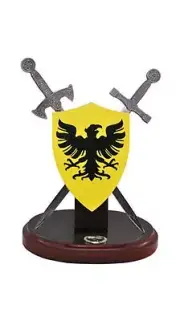 German Miniature Battle Shield and Sword Letter Openers with Display Stand - NIB