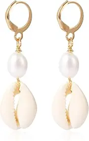 [Mikovivi] Shell Earrings, Gold Seashell Earrings Alloy Pearl Huggie Earrings Pearl Earrings Beach Jewelry for Women for Summer Daily Jewelry Gift, M, plastic, alloy, No Gemstone