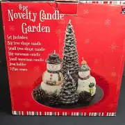 New in Box 8 Piece Novelty Winter Christmas Candle Garden Snowmen Trees