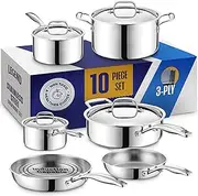 Legend 3 Ply 10 pc Stainless Steel Pots & Pans Set | Professional Quality Cookware Clad for Home Cooking & Commercial Kitchen Surface Induction & Oven Safe | Non-Teflon PFOA, PTFE & PFOS Free