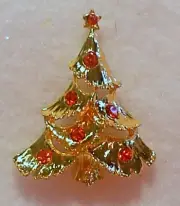 GOLD CHRISTMAS TREE RED CRYSTAL BROOCH MADE IN CZECH