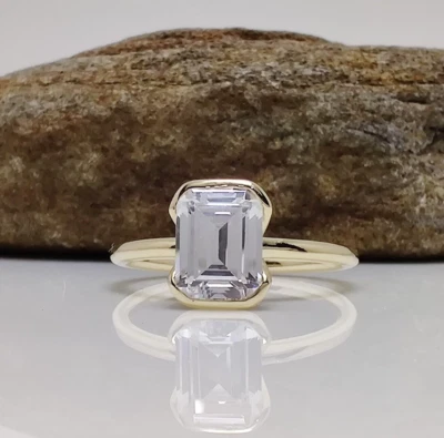 10k Yellow Gold 2.43 Ct Emerald Cut White Moissanite HalfBezel Engagement Ring 7