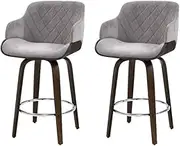 Artiss Bar Stools Counter Height Stool Set of 2, Dining Chairs Kitchen Swivel Barstools, Soft Padded Velvet Wooden Chair with Footrest for Home Grey