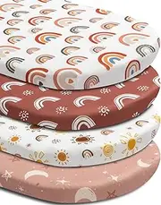 4 Pack Bassinet Sheets - Boho Sunshine and Rainbow Design - Neutral Unisex Fitted Sheets for Baby Boys or Girls