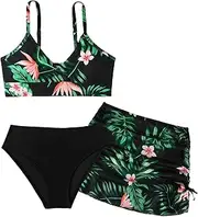 [Happy Cherry] Kids Swimsuit Girls 3 Piece Bathing Suit Bikini Set Tropical Print Swimwear