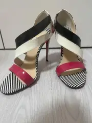 Christian Louboutin Sandals 37 US 7 Stripe, Dot Pattern Multicolor Red Sole Heel