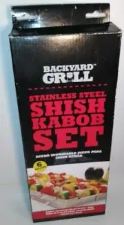 NEW IN BOX BACKYARD GRILL STAINLESS STEEL SHISH KABOB SET 6 SKEWERS AND