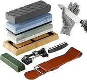 VEVOR Whetstone Knife Sharpening Kit, 2 Dual-Sided Grit Whetstones 400/1000 3000/8000, 10PCS Knife Sharpener Kit with 3 Non-Slip Bases, Angle & Honing Guide, Flattening Stone for All Knives, Scissors