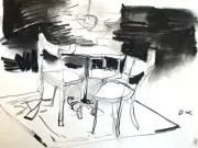 9x12 Charcoal Interior Drawing Original Signed On Paper BVC Chairs Table