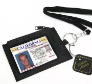 Black Leather THIN ID CARD Holder Neck Travel Pouch Wallet Zip Key Ring Snap