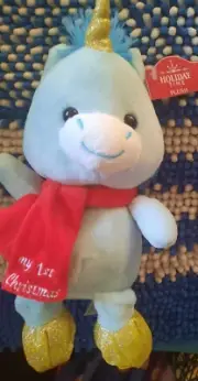 new 10" Blue Unicorn My 1st Christmas Red Scarf Plush