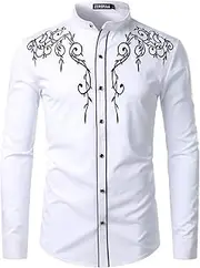 [ZEROYAA] Mens Hipster Design Golden Floral Embroidery Slim Fit Long Sleeve Mandarin Collar Shirts Tops