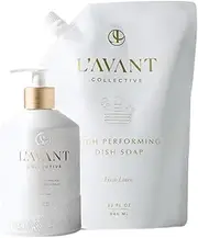 L'AVANT Collective Dish Soap & Refill Bundle Fresh Linen | High Performing with Aloe Leaf Juice Notes of Bamboo, Ylang Ylang, Jasmine, Geranium, Sage Reusable Glass Bottle Kitchen Home Decor Gifts