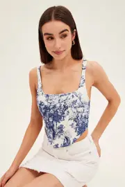 Blue Print Corset Top Sleeveless Square Neck Crop - Size 14, Women's Top