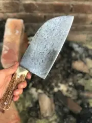 AB CUTLERY CUSTOM HANDMADE DAMASCUS CLEVER KNIFE HANDLE MADE BY STAG ANTLER