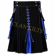 Scottish Handmade Black and Blue Hybrid Utility Kilt with Laces For Men